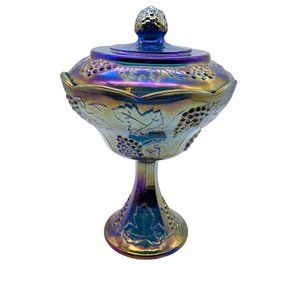 Indiana Glass blue iridescent footed compote candy dish jar lidded grape leaf